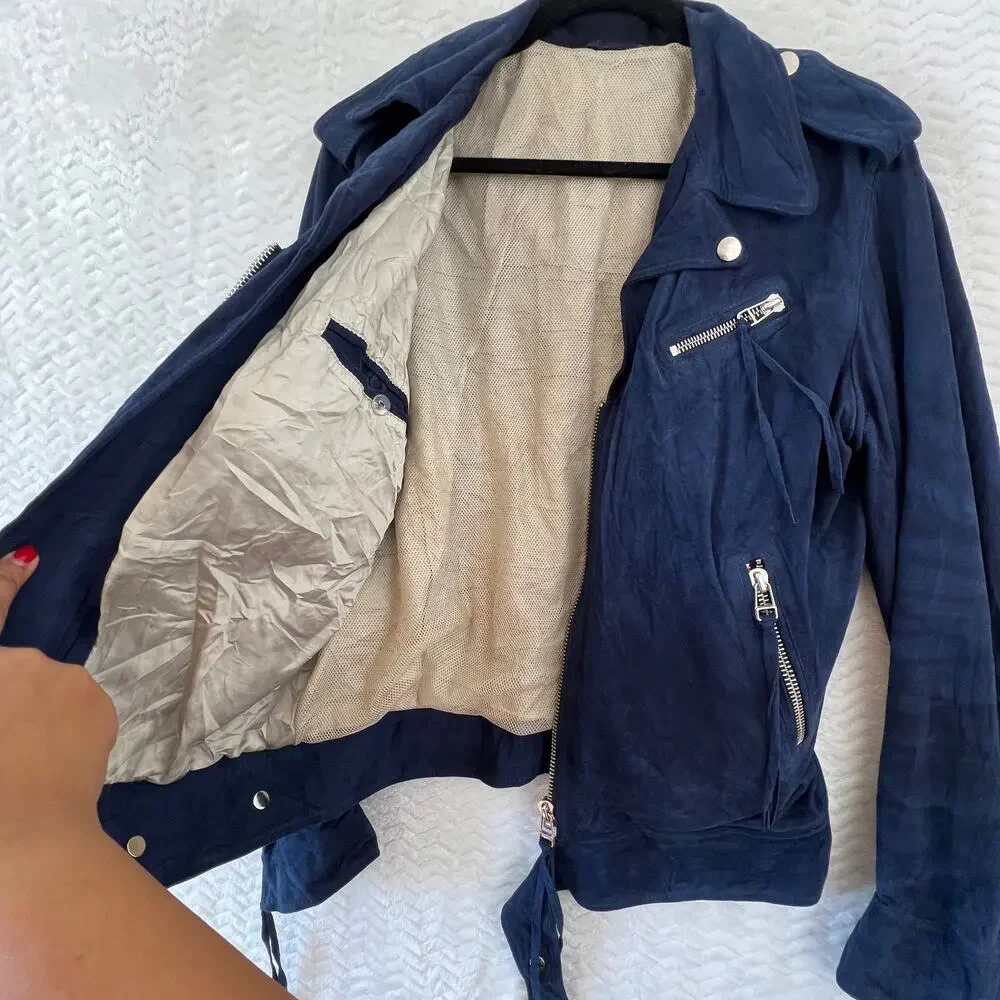 Martin Asbjorn Suede Leather Fringe Moto Biker Jacket Navy Blue Silver Sz Large - Picture 7 of 16